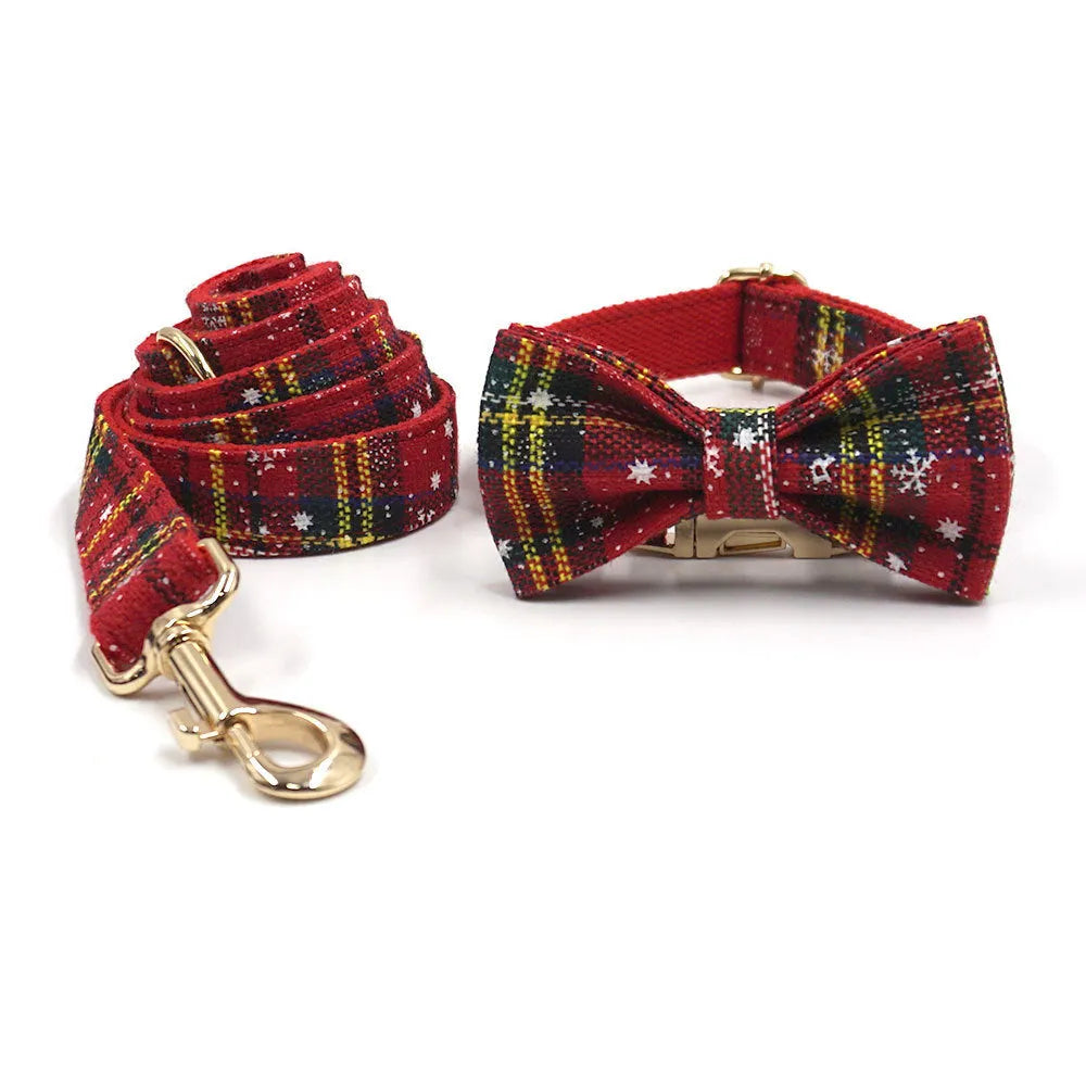Red Christmas pet collar, leash, harness, bow, and waste bag set with laser-cut fabric design.