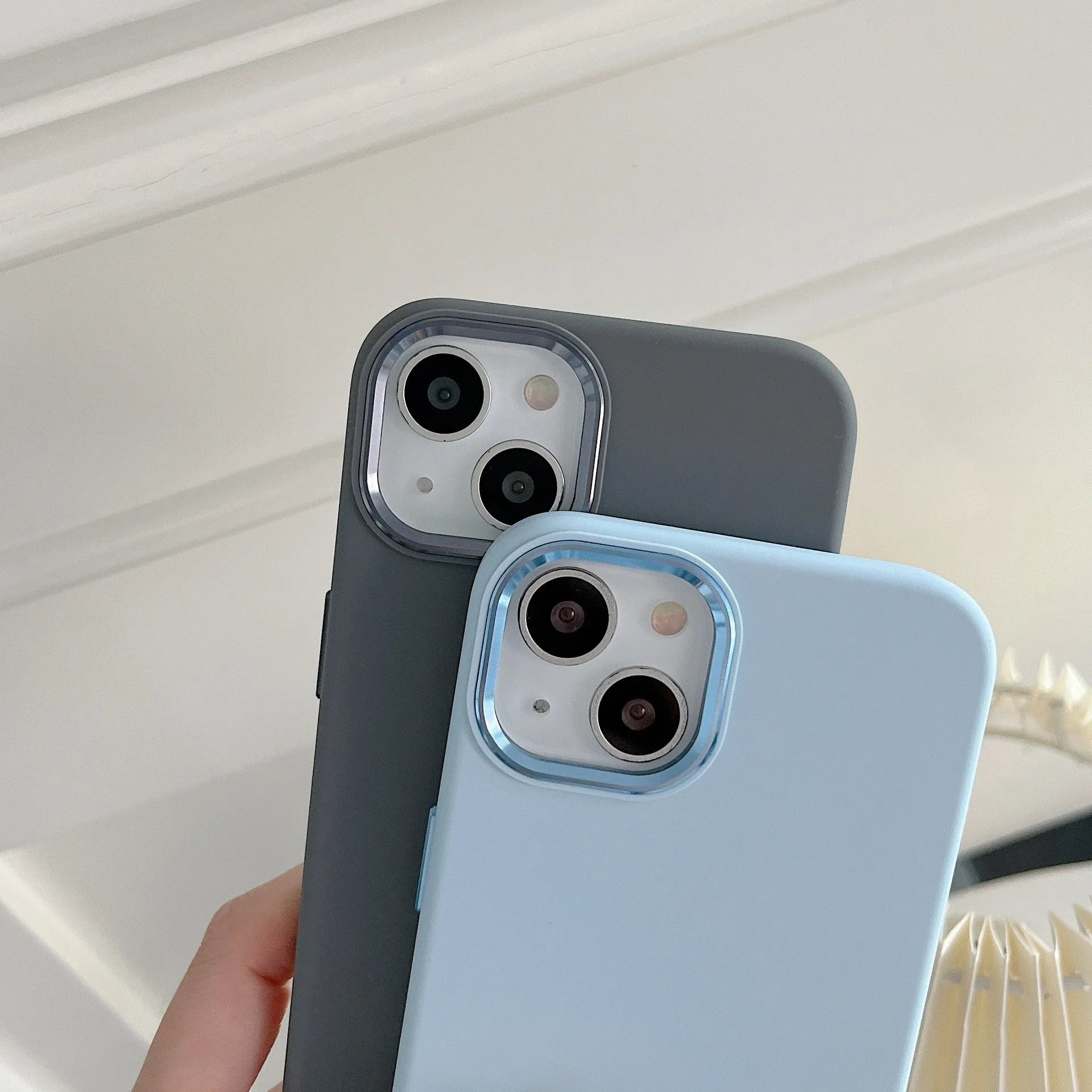 Full-cover liquid silicone metal phone case in Antique White for iPhone 14 Pro Max