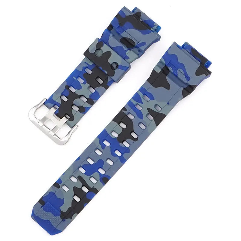 Camouflage pattern TPU watch strap with silver buckle on a grey background.