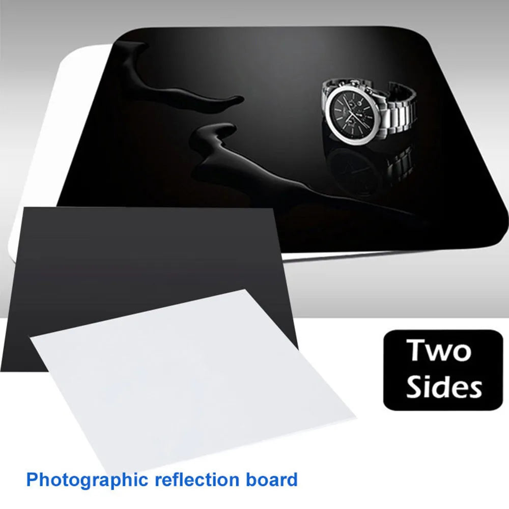 Black and white square acrylic reflection boards for product photography in 20cm, 30cm, and 40cm sizes.