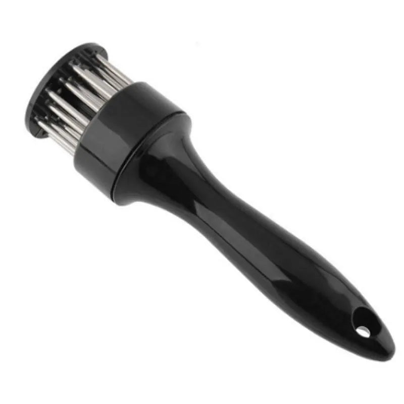 Pine meat needle tenderiser tool for steak with white handle and metal needles, shown on a kitchen surface