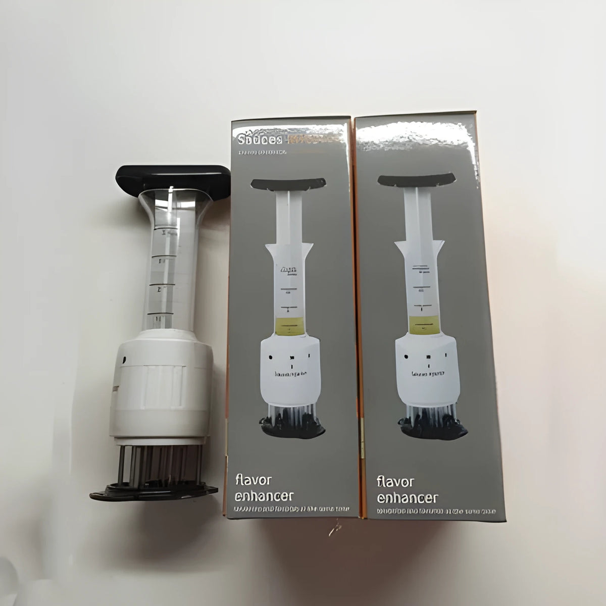 Stainless steel meat tenderizer injector with food-grade needle, 22.5 cm height, on white background