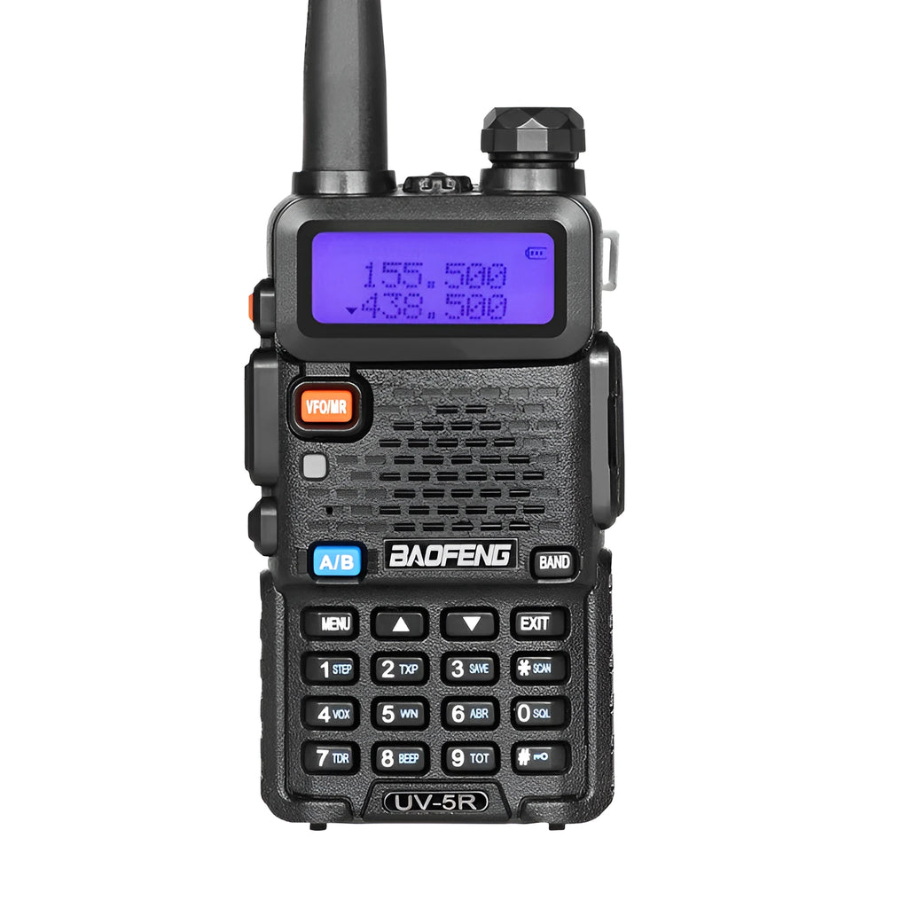 Compact black VHF UHF two-way radio walkie talkie with LCD display, showing 128 channels and long battery life.