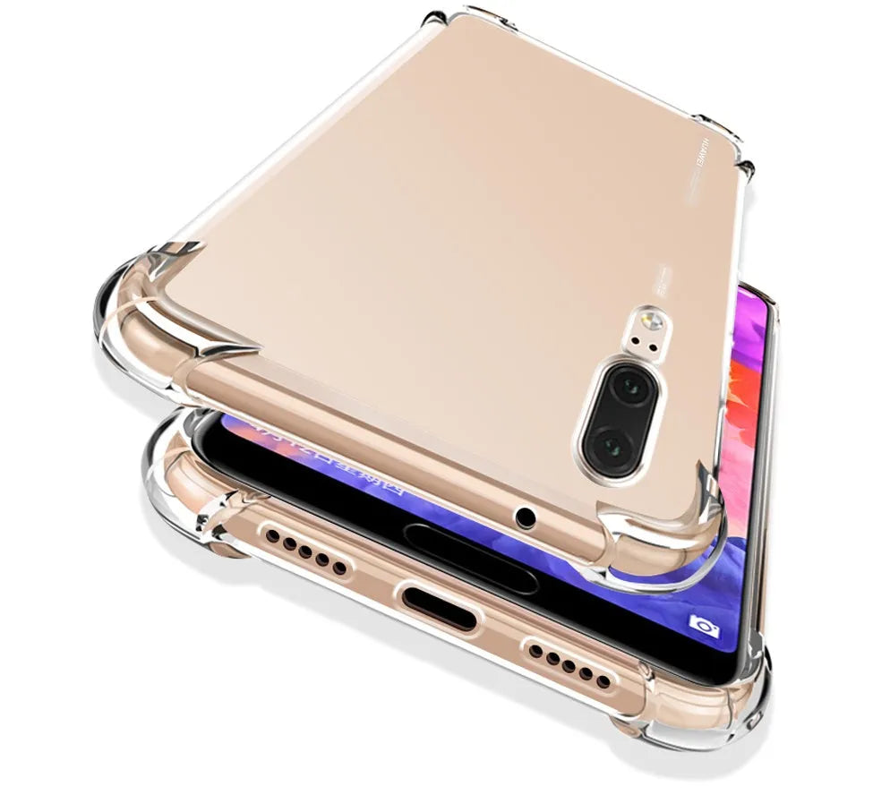 Transparent TPU phone case showing Huawei smartphone inside with visible ports and buttons