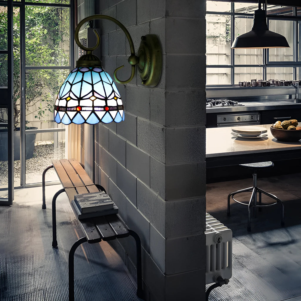 Coloured stained glass wall mounted light fitting for corridors, available in multiple style and colour options.