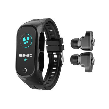 N8 smart bracelet and Bluetooth headset combo worn on wrist in black, white, red, or pink.