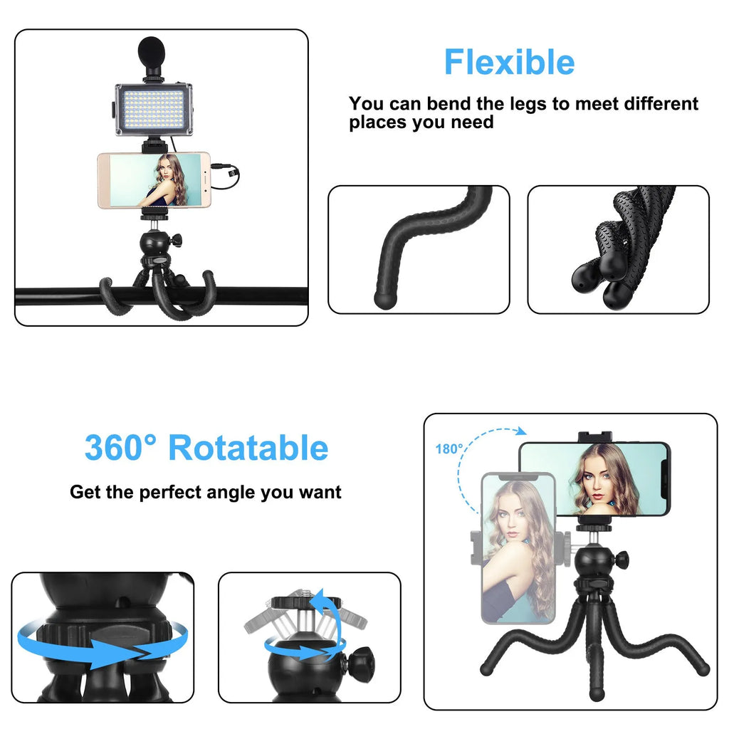 Black Octopus Yripod live broadcast kit with flexible legs and fill light microphone for iPhone compatibility