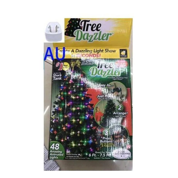 A 1.8 metre long string of 64 colourful LED Christmas lights wrapped around a green tree.
