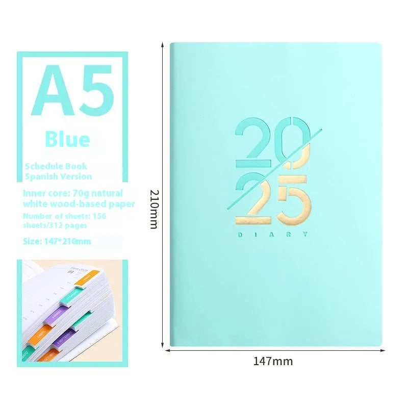 2025 A5 daily schedule book with soft faux leather cover, open to show weekly planner layout.