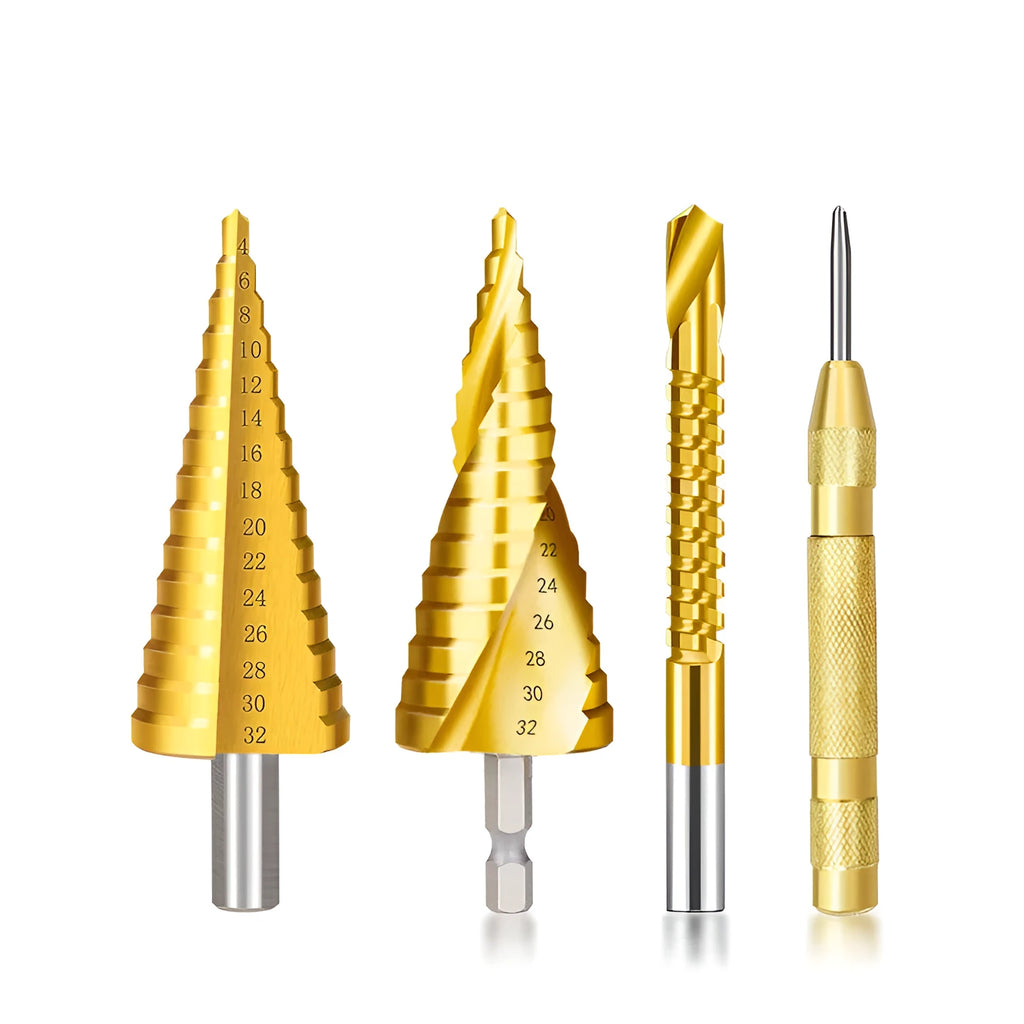 HSS steel cone drill bit and centre punch set for metalworking with step drill design