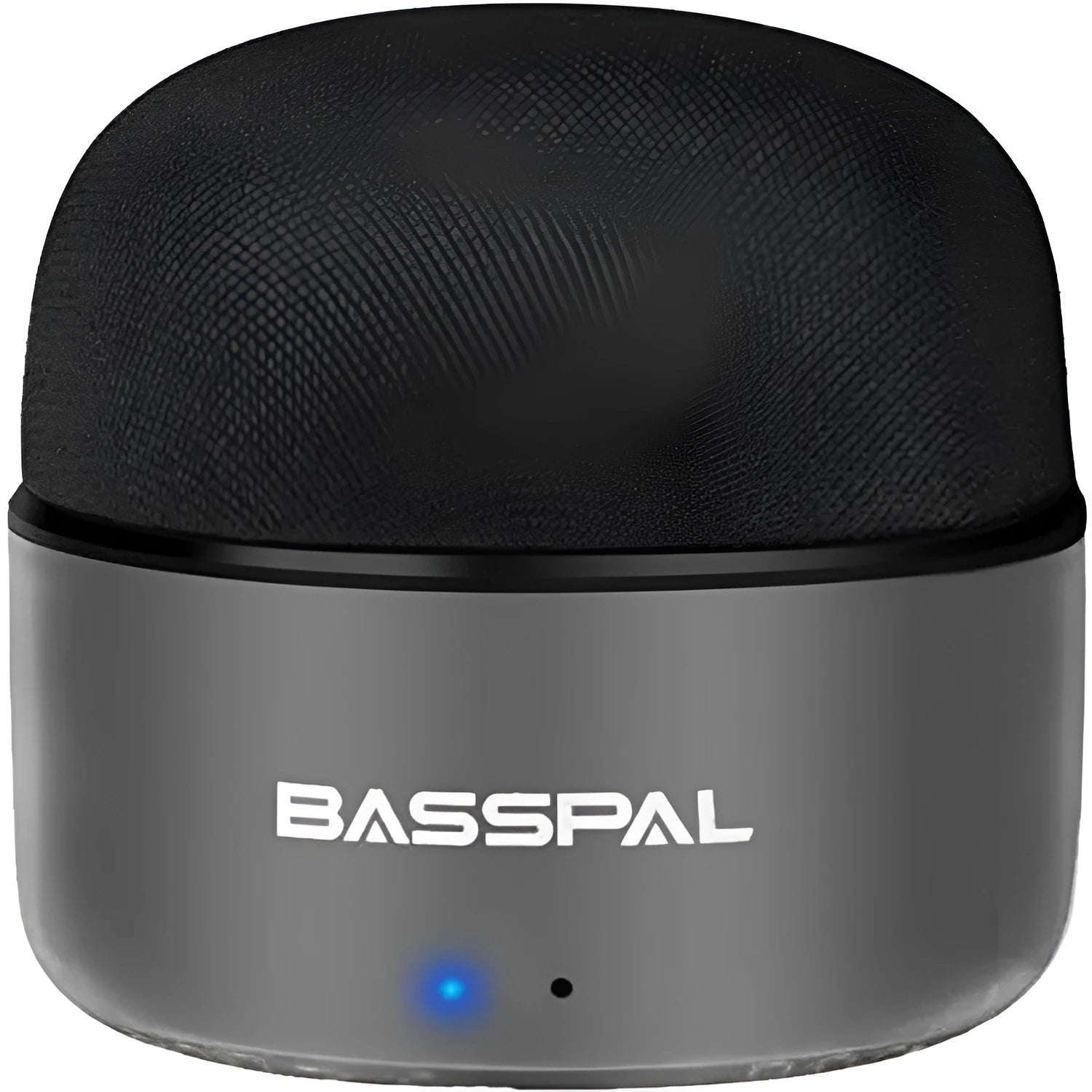 Black plastic portable mini Bluetooth speaker with IPX5 waterproof rating.