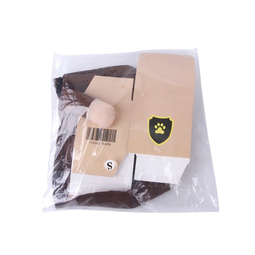 Coffee brown courier-themed dog shirt on pet showing humorous standing design and polyester fabric