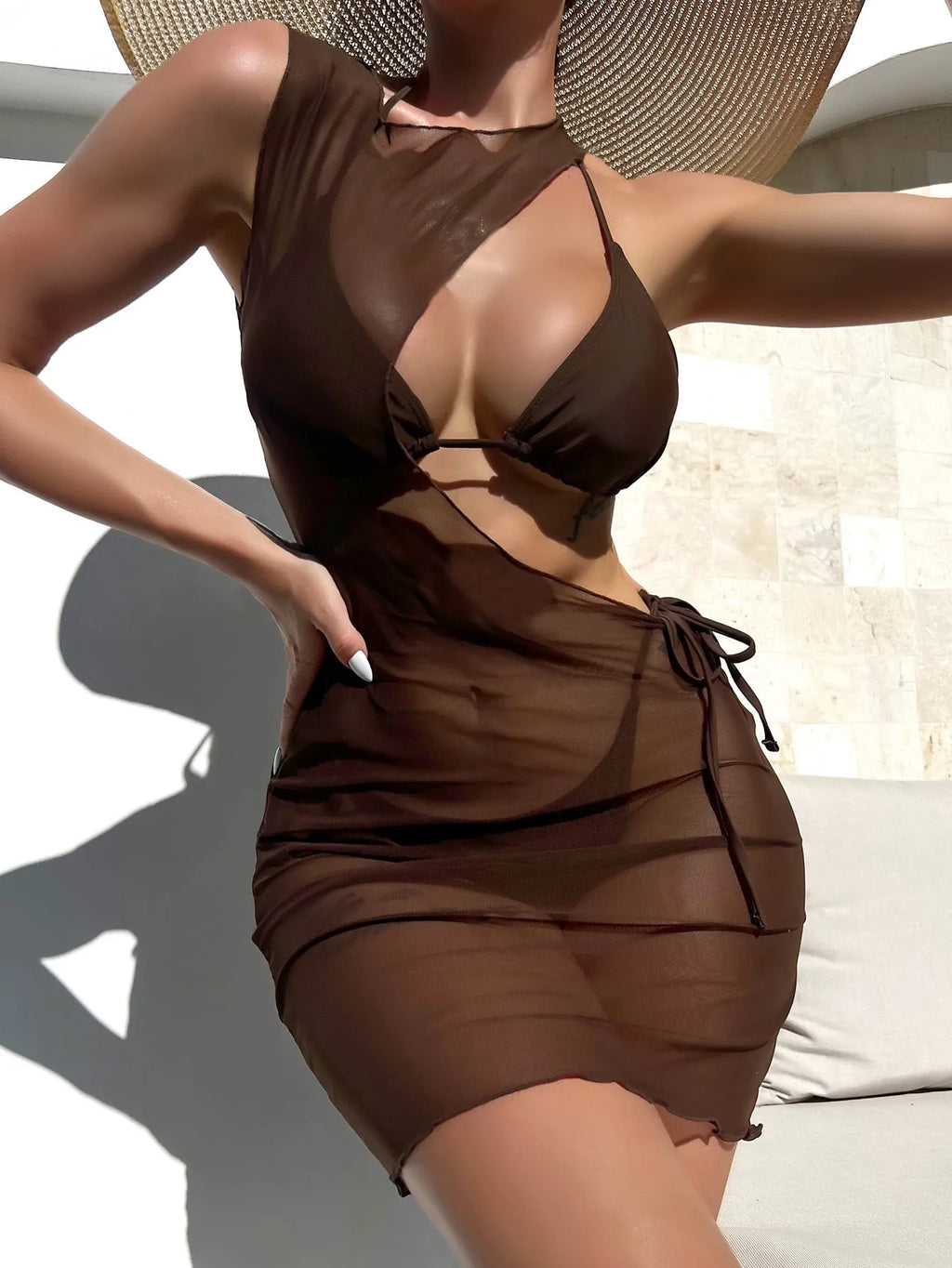 Brown women's three-piece bikini swimsuit set with bra shorts and blouse