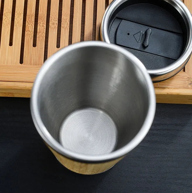 Bamboo insulated coffee cup with leak-proof lid and anti-slip foam pad