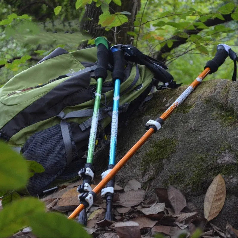 Blue aluminium alloy trekking pole with straight handle extended to full length against a natural outdoor background