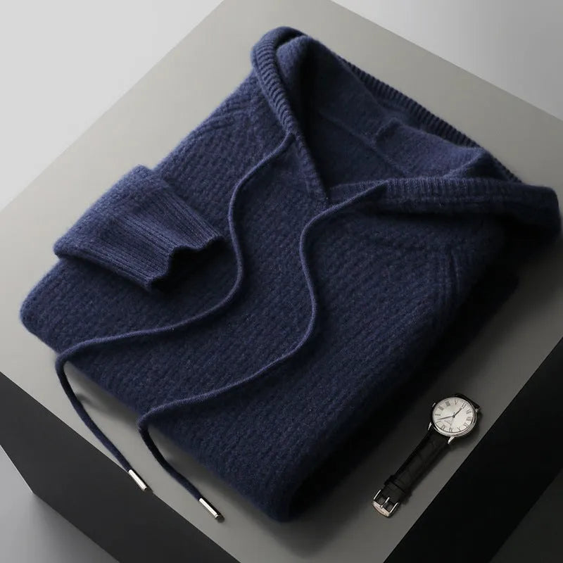 Hooded cashmere sweater in camel, grey-green or navy blue, loose thickened winter pullover with long sleeves, sizes S to XXXL.