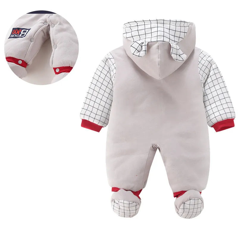 Long sleeve hooded baby jumpsuit in beige or dark blue, winter outfit, sizes 59cm to 90cm