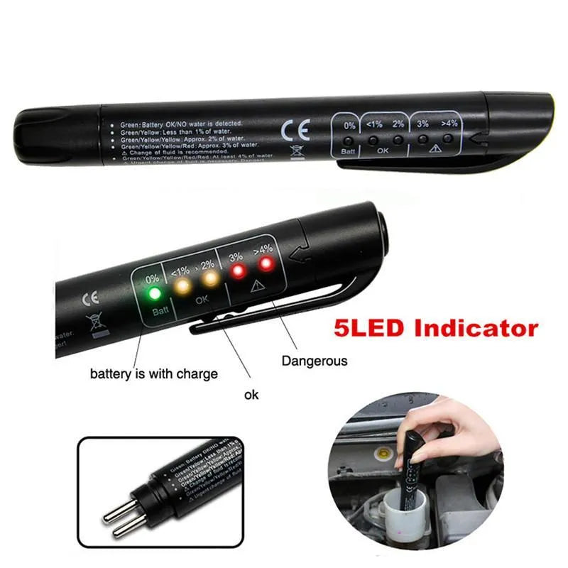 Brake fluid tester with 5 LED moisture indicator and metal probe for DOT3 DOT4 DOT5 fluids