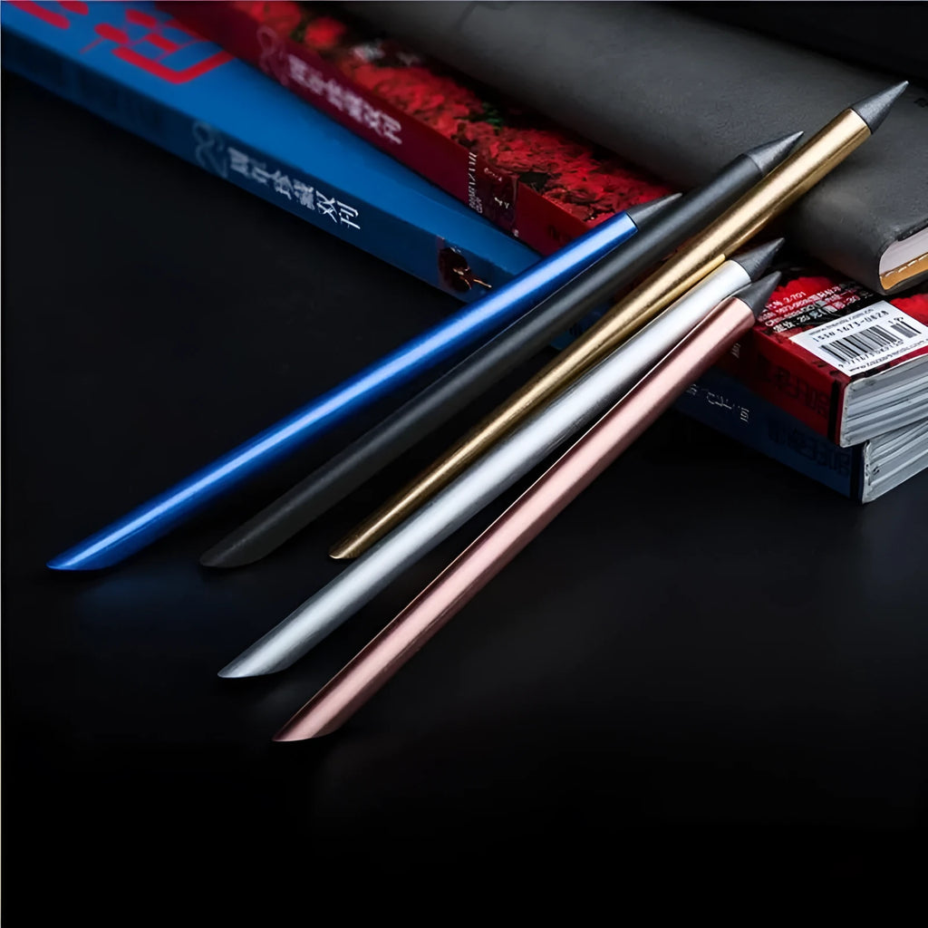 Inkless metal pen in silver, gold, rose gold, black, or blue with 0.5mm alloy nib, spare nib, and pen bag.