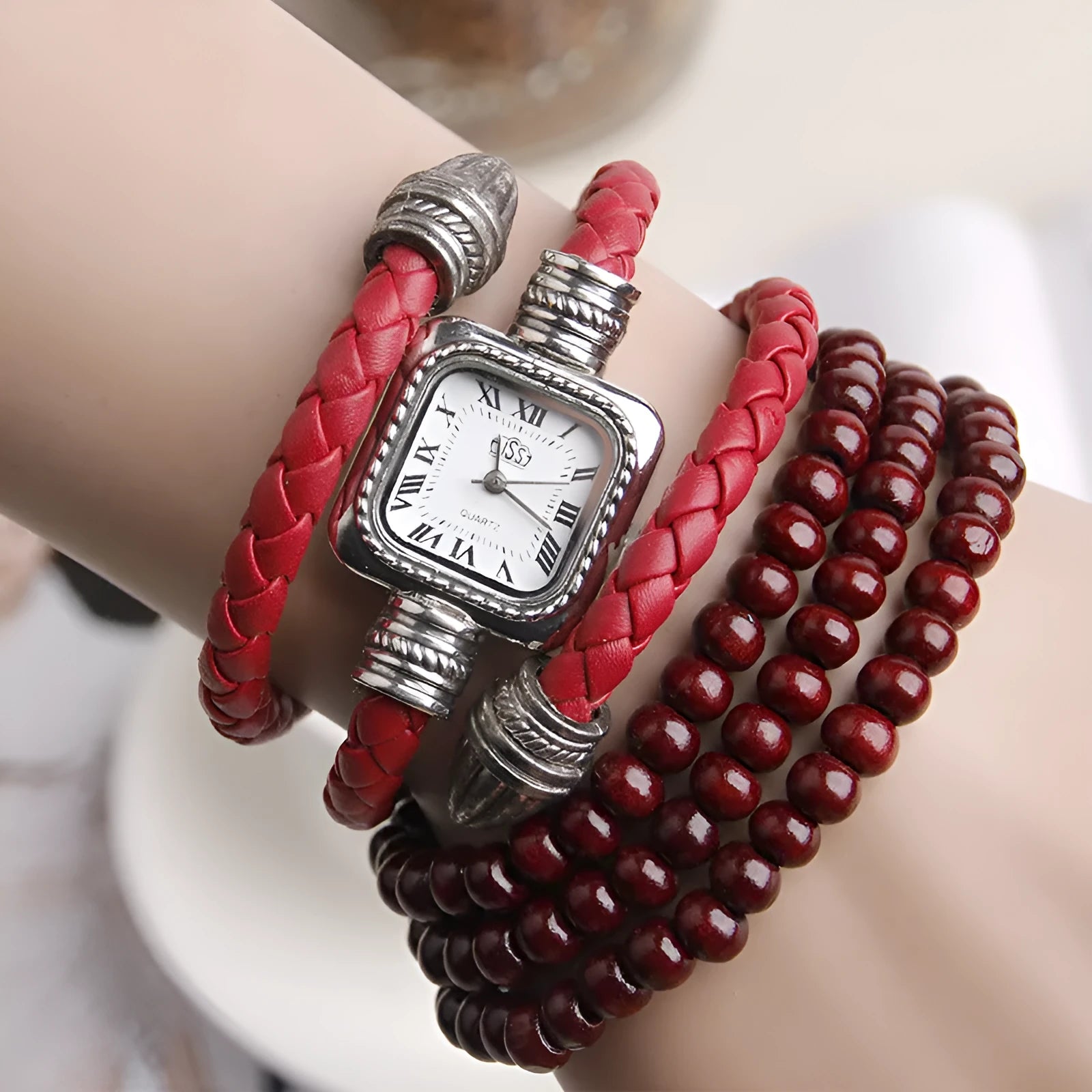 Snake bracelet quartz watch with leather strap and alloy buckle in black colour option