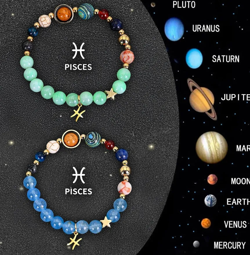 Set of twelve natural stone beaded bracelets for each zodiac sign on a flat surface.