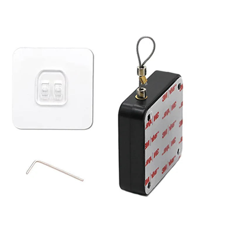 White automatic door closer with adhesive mount and tension adjuster for no-drill installation on doors.