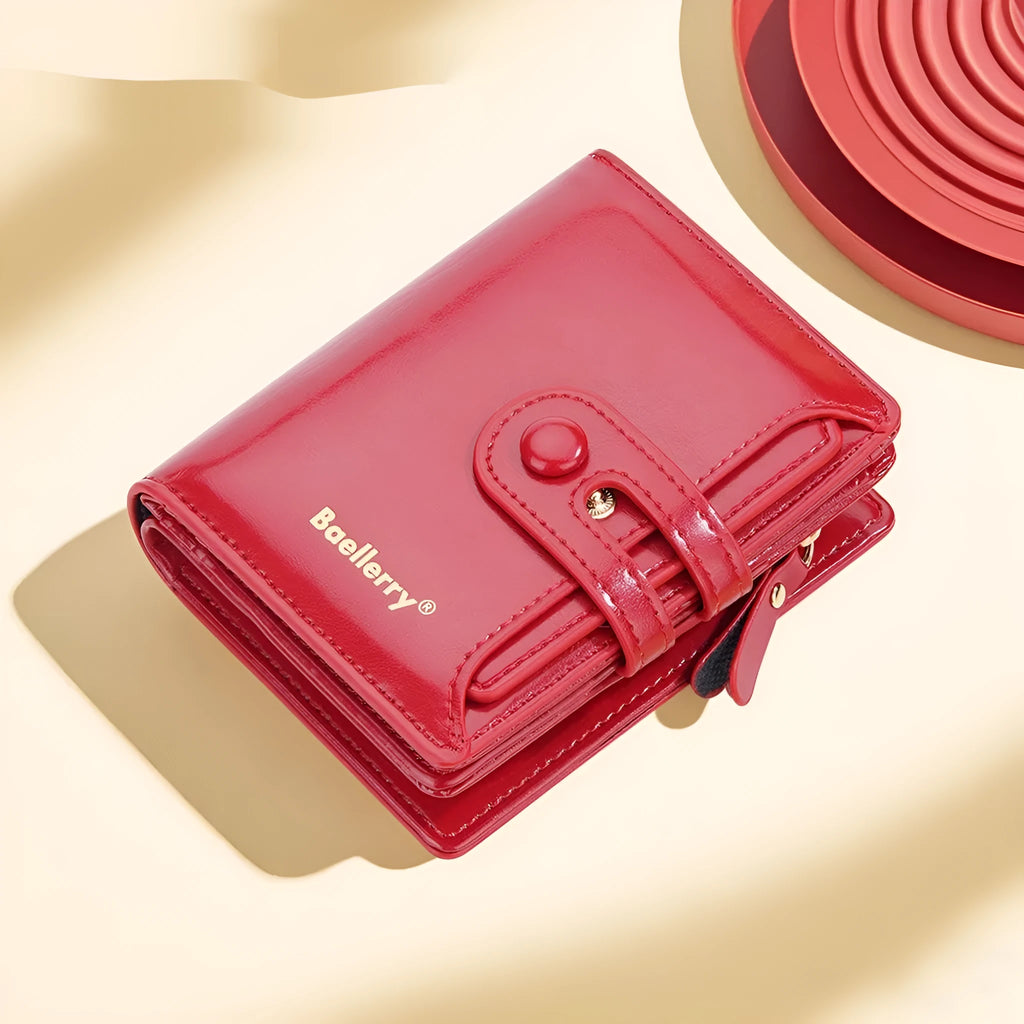 Women's PU leather wallet in multiple colour options showing card slots and cash compartment.