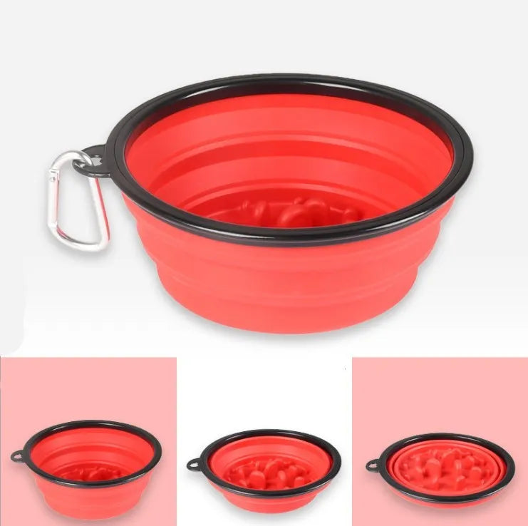 Foldable pet slow food bowl in blue with collar buckle on outdoor grass