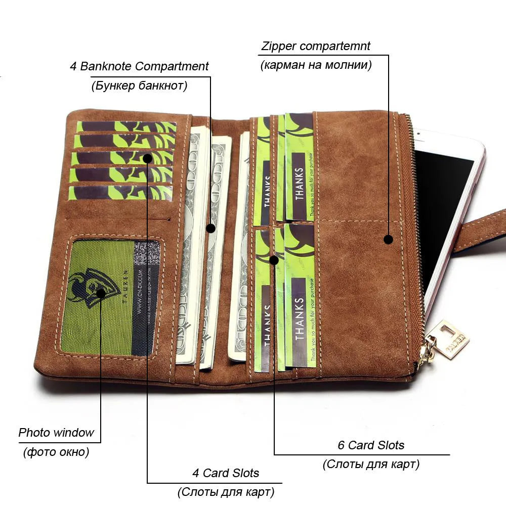 Vertical long ladies wallet in soft PU leather with a zip closure and decorative lock, showing interior card slots and compartments.