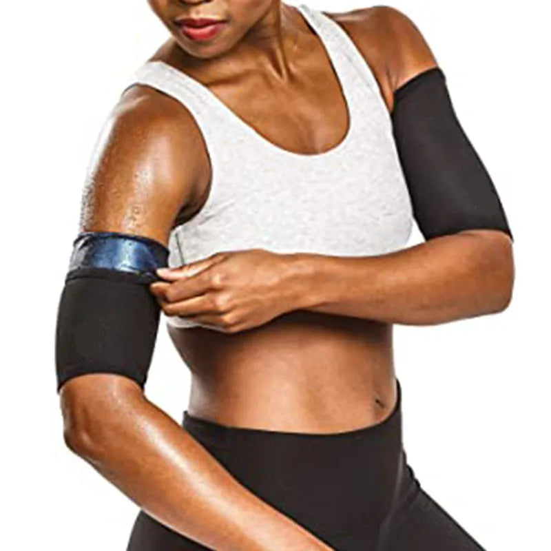 Adjustable black and red neoprene arm sweatband with Velcro strap wrapped around an upper arm.