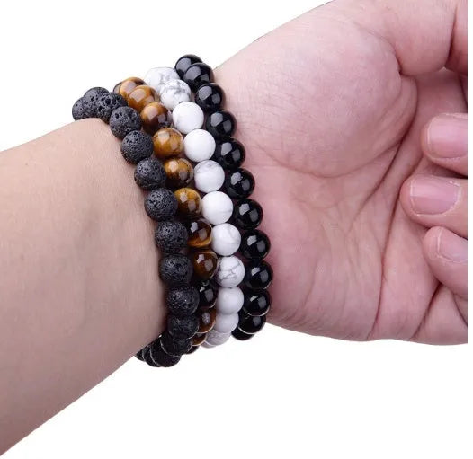 Black onyx bracelet with 8mm natural black agate beads on elastic cord, geometric women's jewellery