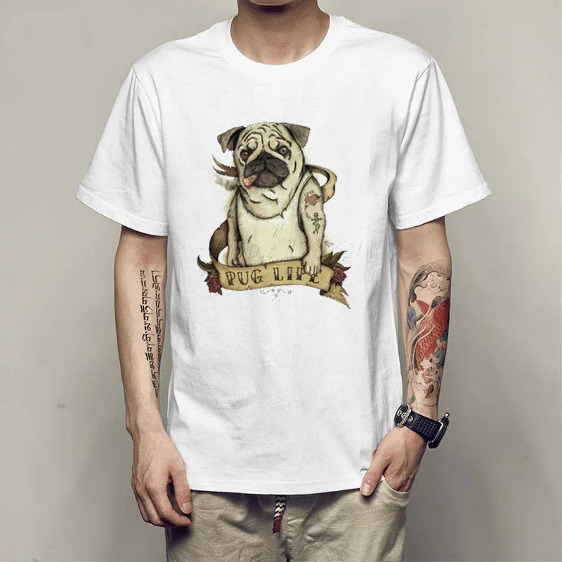 Men's slim-fit short-sleeve T-shirt with humorous pug spoof graphic, round neck, white, available in multiple sizes