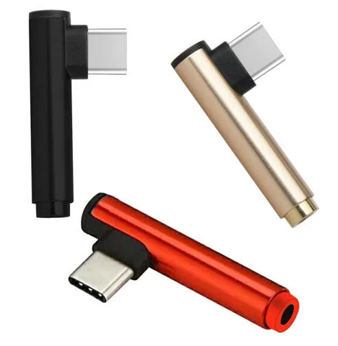 Aluminium alloy Type-C to 3.5mm audio and charging adapter with elbow design in multiple colours.