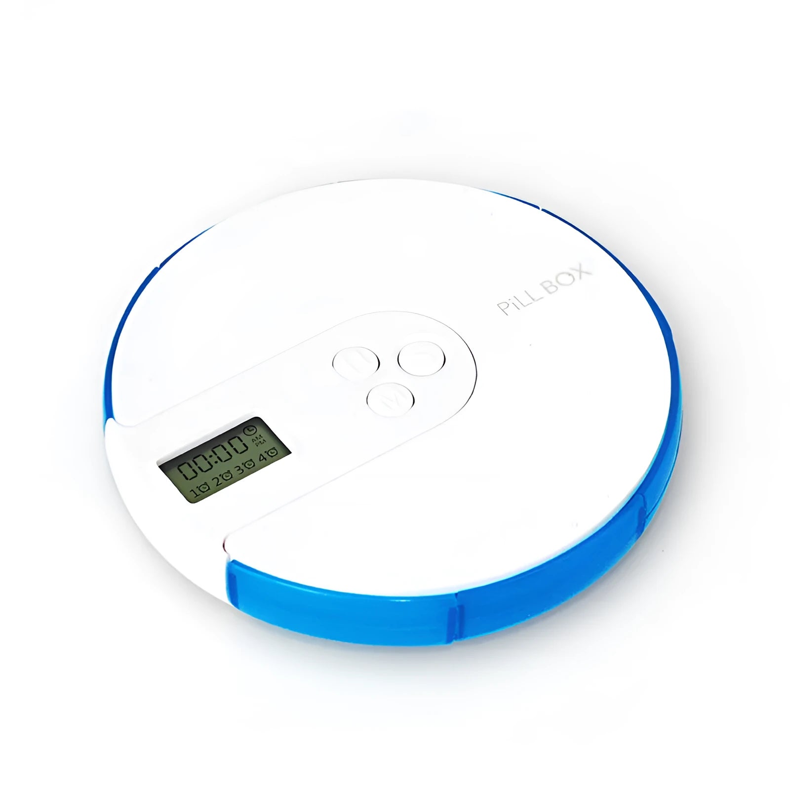 Blue seven-day alarm clock pill dispenser with digital display, showing daily compartments and measuring 11cm wide.
