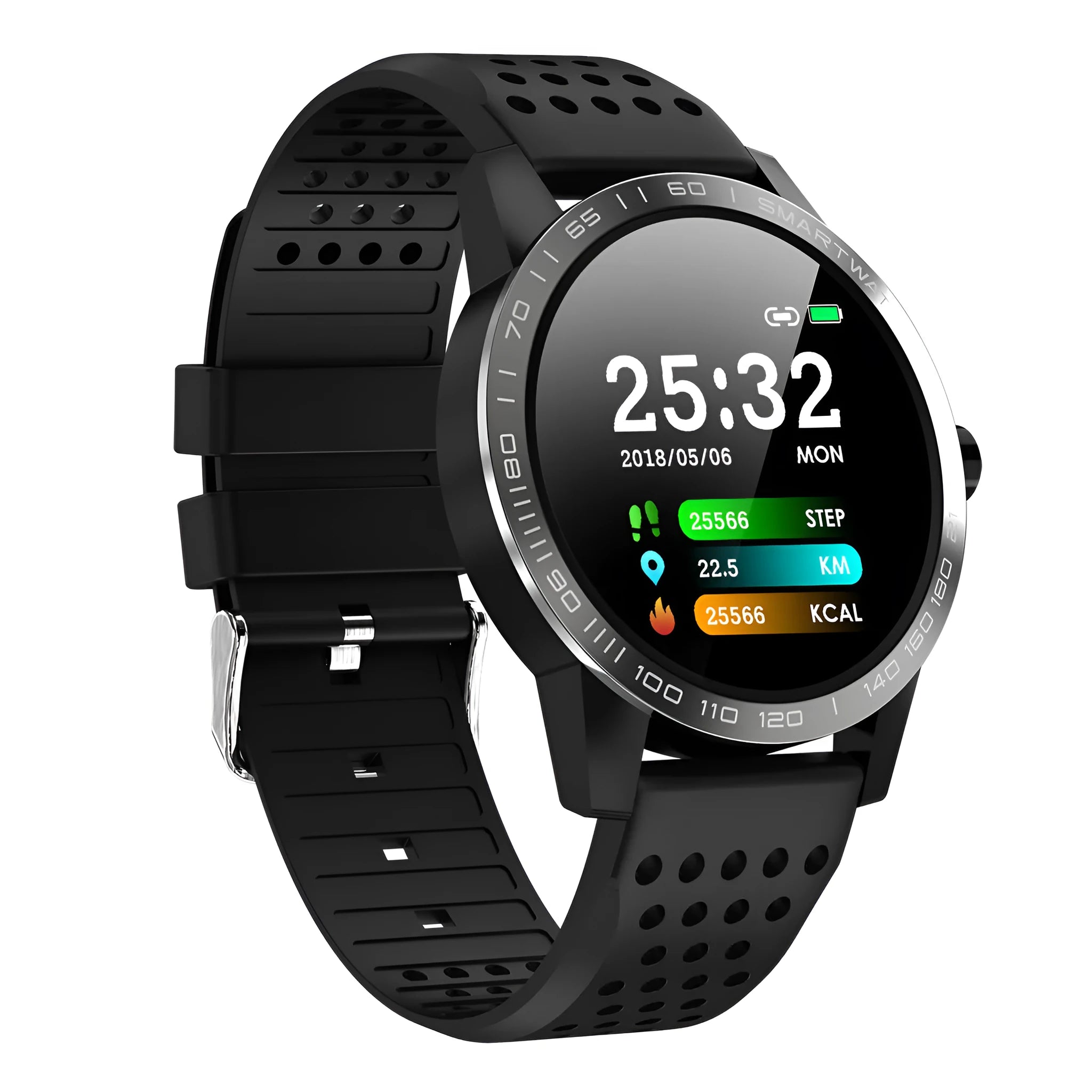 Black smart bracelet with 1.3-inch colour screen showing heart rate and fitness data on wrist.