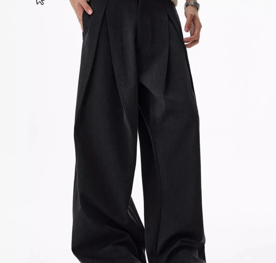 Double pleated profile suit pants for men and women – mid waist straight leg, non-ironing polyester, available in black and dark gray, sizes S to XL