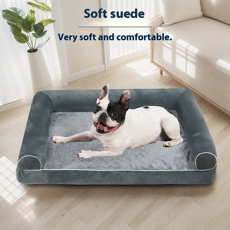 Square dark grey dog bed with breathable sponge insert and removable cloth cover on a wooden floor.