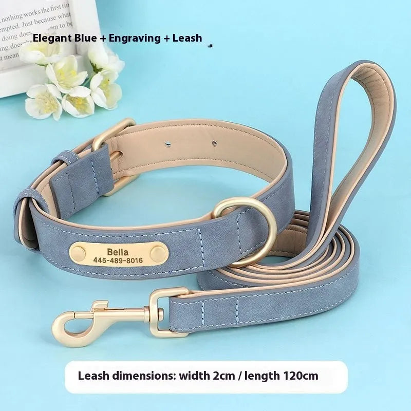 A blue double-layer leather dog collar with a matching leash on a white background.