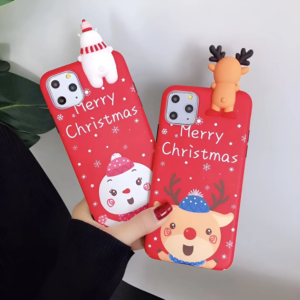 Christmas themed silicone back cover case for Apple iPhone on a festive background.