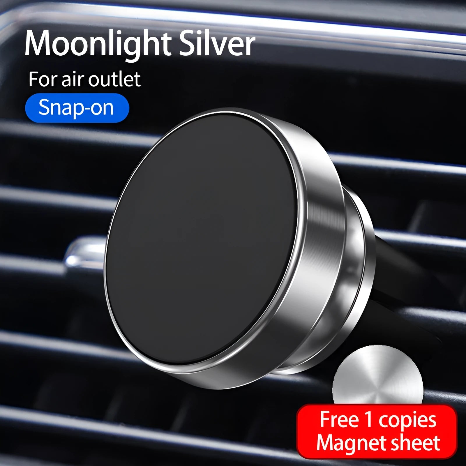 Black magnetic car phone holder mounted on a car dashboard, holding a smartphone