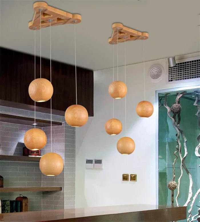 Nordic style solid wood ball chandelier with wooden shade, shown in a one-head configuration.