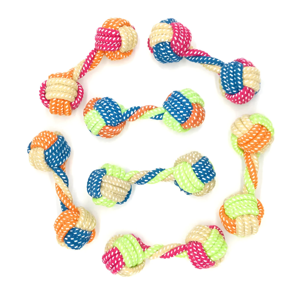 Small dumbbell cotton rope toy in multicolor, approximately 17cm length, for puppy chewing