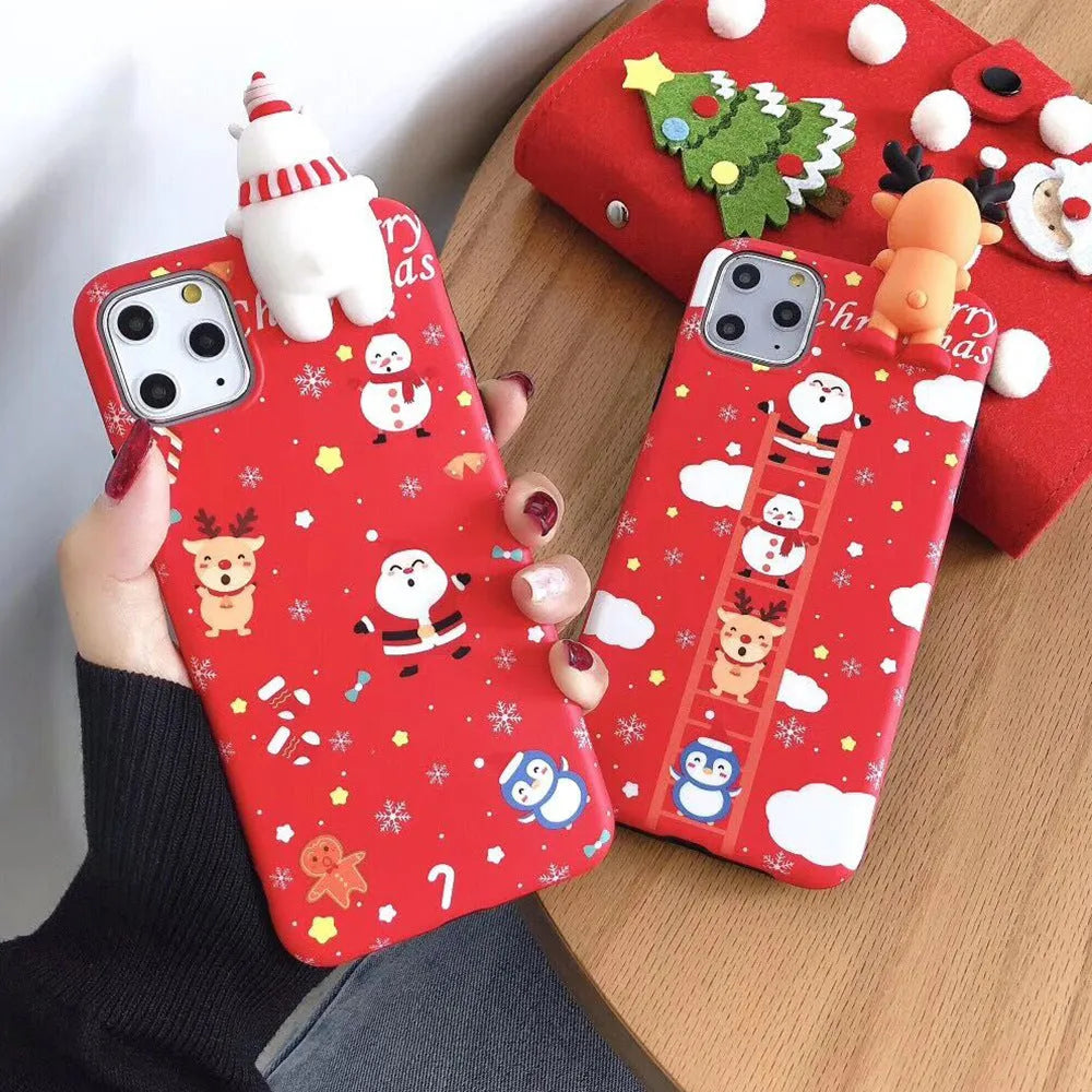 Christmas themed silicone back cover case for Apple iPhone on a festive background.