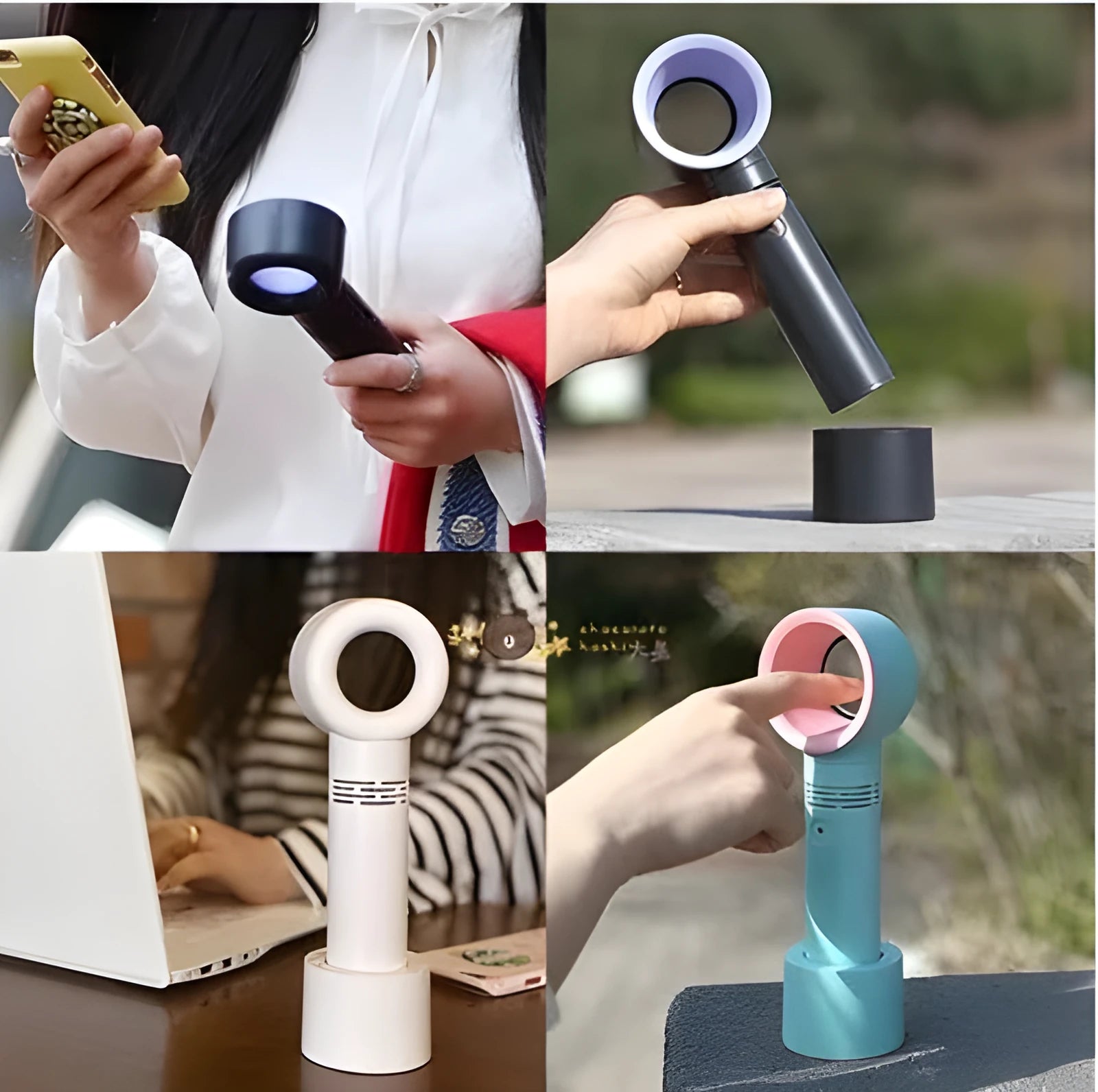 Portable bladeless fan with USB cable and base in assorted colours