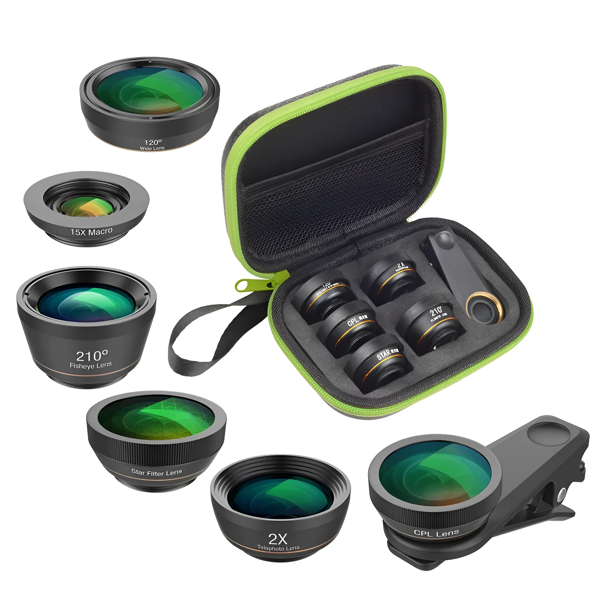 Black 6-in-1 smartphone camera lens kit with fisheye, wide-angle, telephoto, CPL, and star filter lenses and a universal clip.
