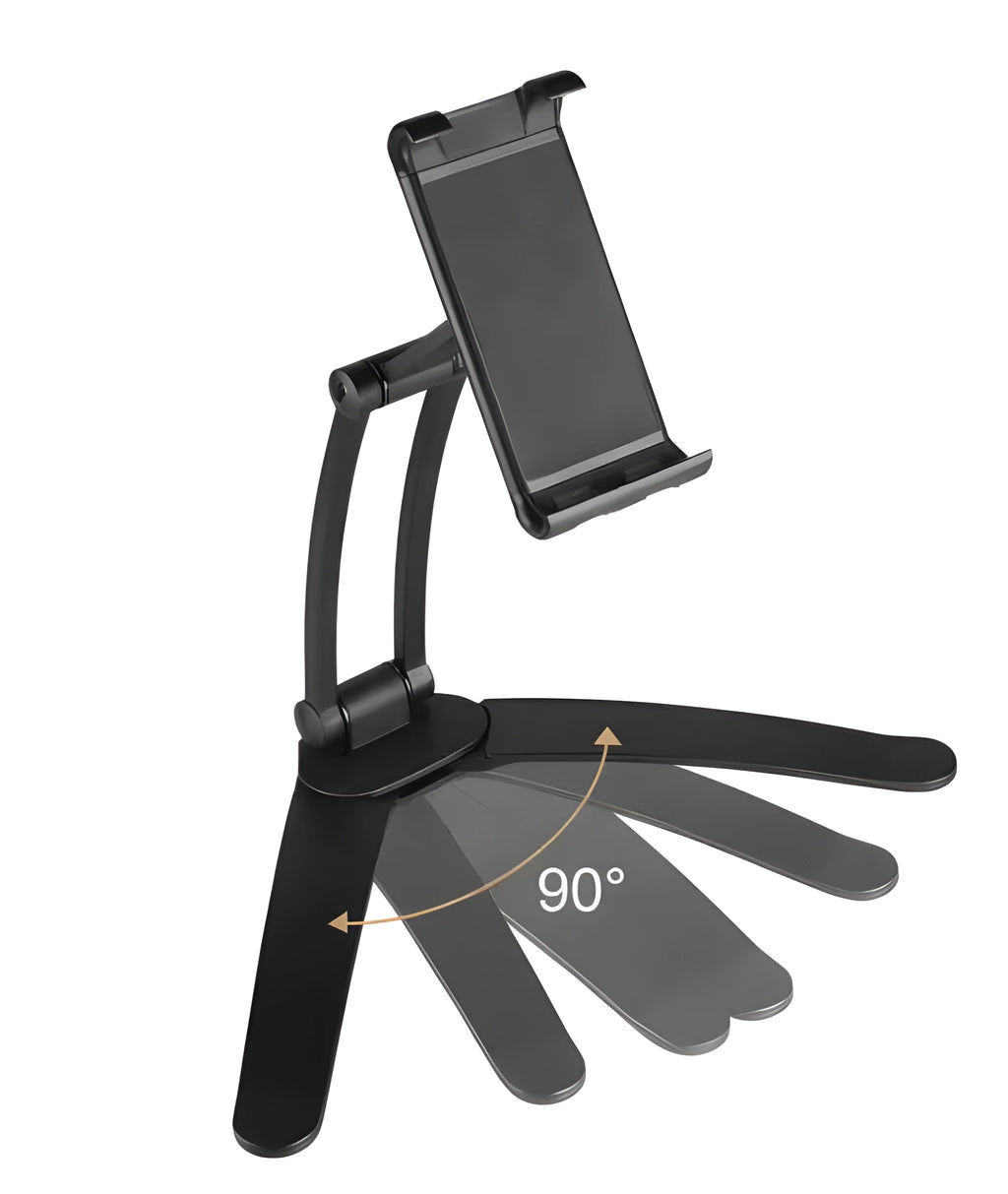 Silver aluminium alloy tablet stand with adjustable black clips holding a tablet, showing 360-degree rotation on a wooden desk.