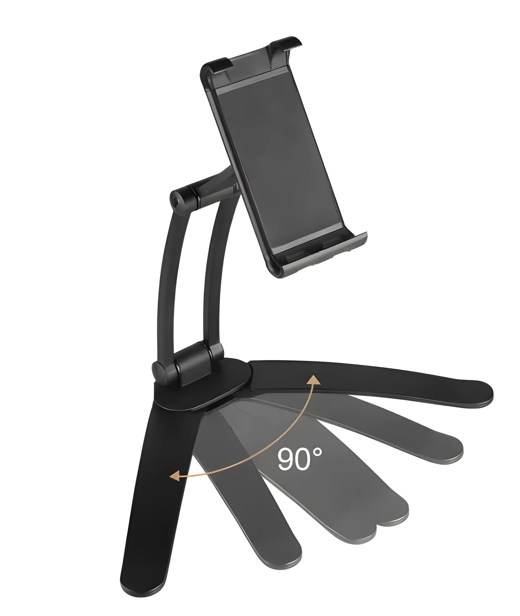 Silver aluminium alloy tablet stand with adjustable black clips holding a tablet, showing 360-degree rotation on a wooden desk.