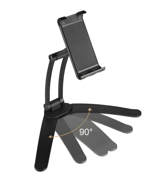 Silver aluminium alloy tablet stand with adjustable black clips holding a tablet, showing 360-degree rotation on a wooden desk.