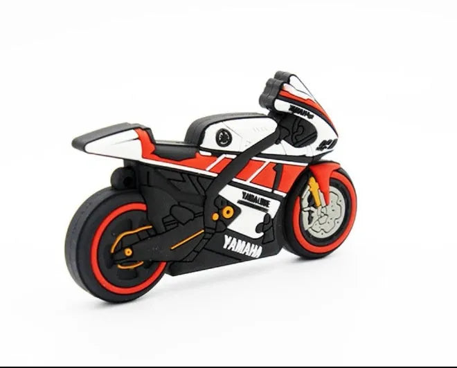 Cartoon motorcycle USB flash drive in red and white with wrist strap loop