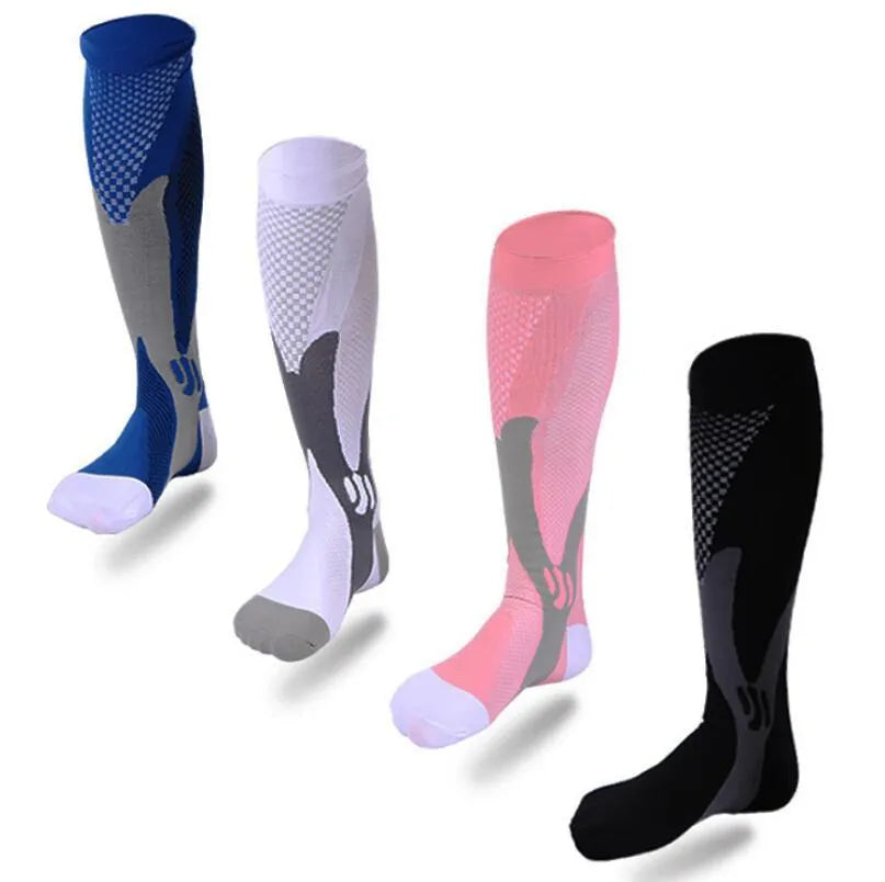 Unisex graduated compression socks in various colours with size measurement details